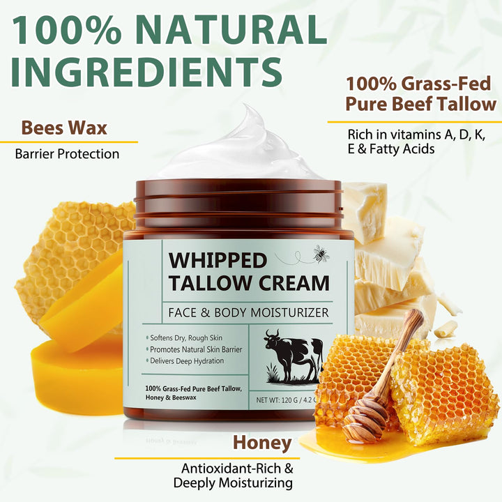NIFEISHI Beef Tallow for Skin, 100% Tallow and Honey Balm, Beef Tallow Moisturizer for Face, Deeply Moisturizing for Face & Body, Unscented Fast Absorption-4.2 Oz