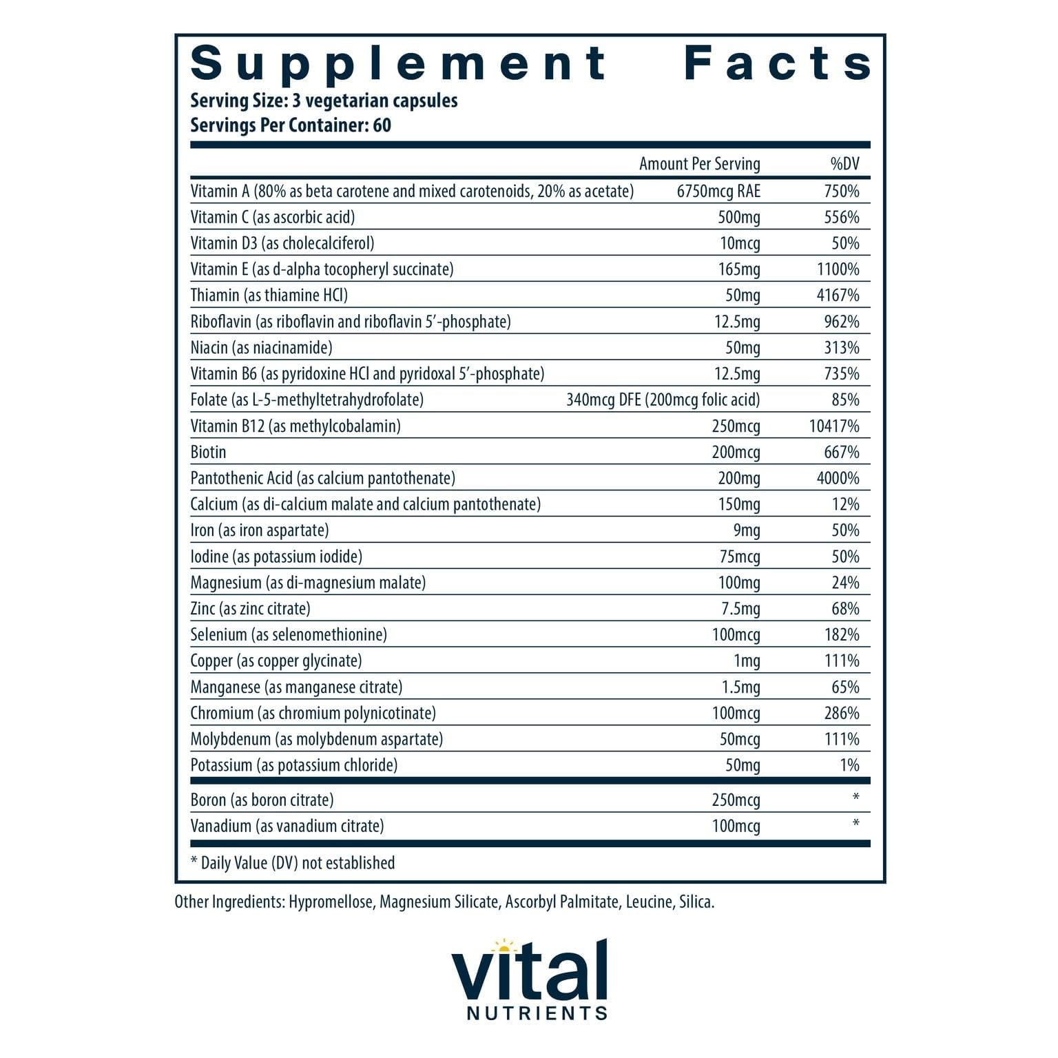 Vital Nutrients Multi-Nutrients with Iron and Iodine | Vegetarian Multivitamin and Mineral Supplement with Iron | Gluten, Dairy, Soy Free | Non-GMO | 180 Capsules