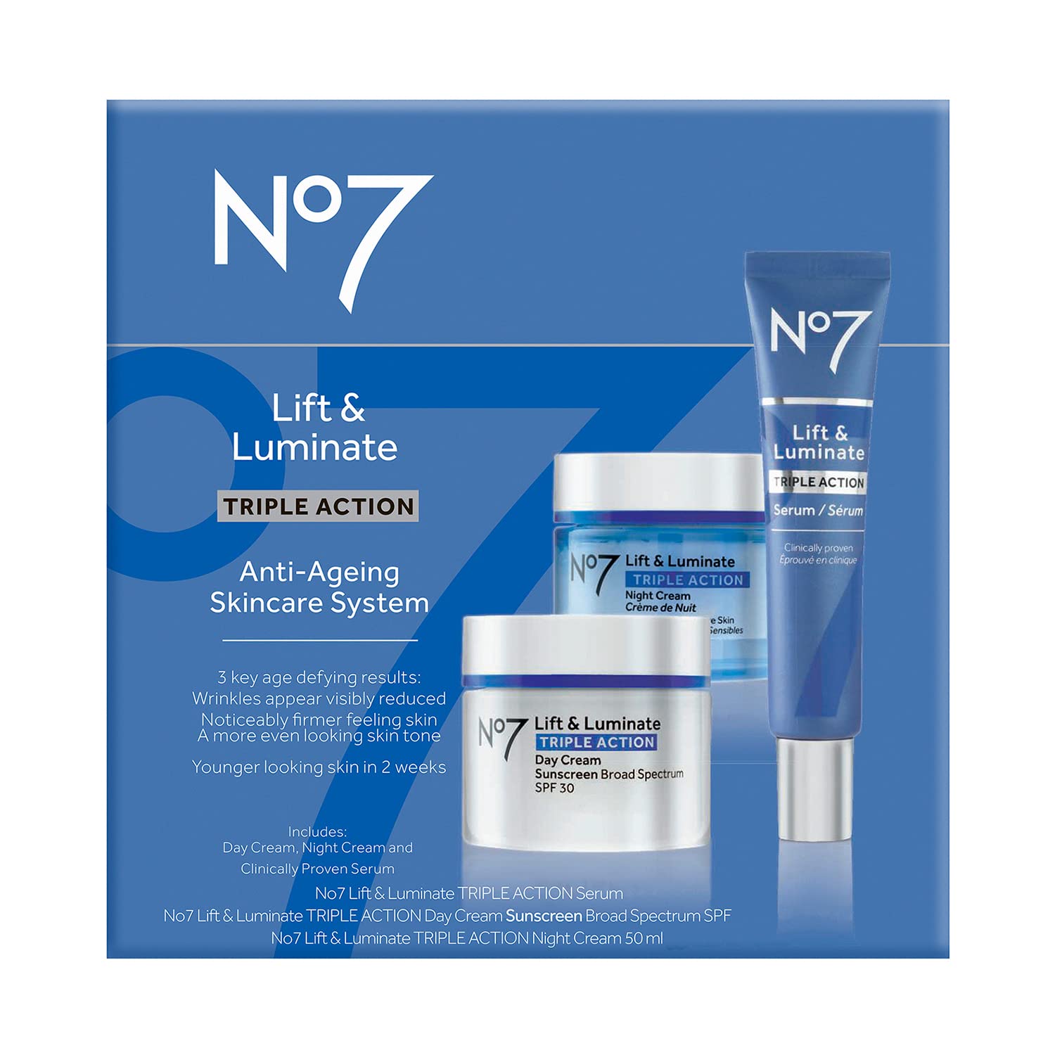 No. 7 No7 Lift & Luminate Skincare Kit - 3 piece kit from Boots No 7 - Serum, Day Cream, Night Cream