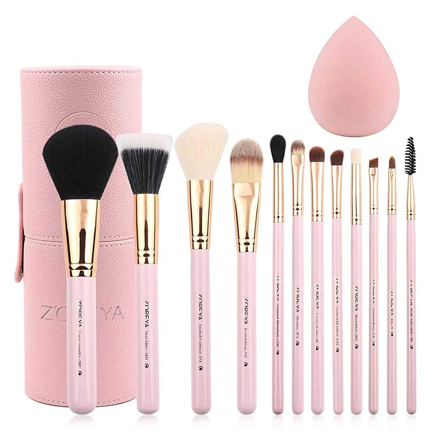 Zoreya Travel Makeup Brush Set 12pcs Pink Makeup Brushes Professional Foundation Powder Contour Blush Eye Cosmetic Brush Sets With Holder For Halloween Makeup