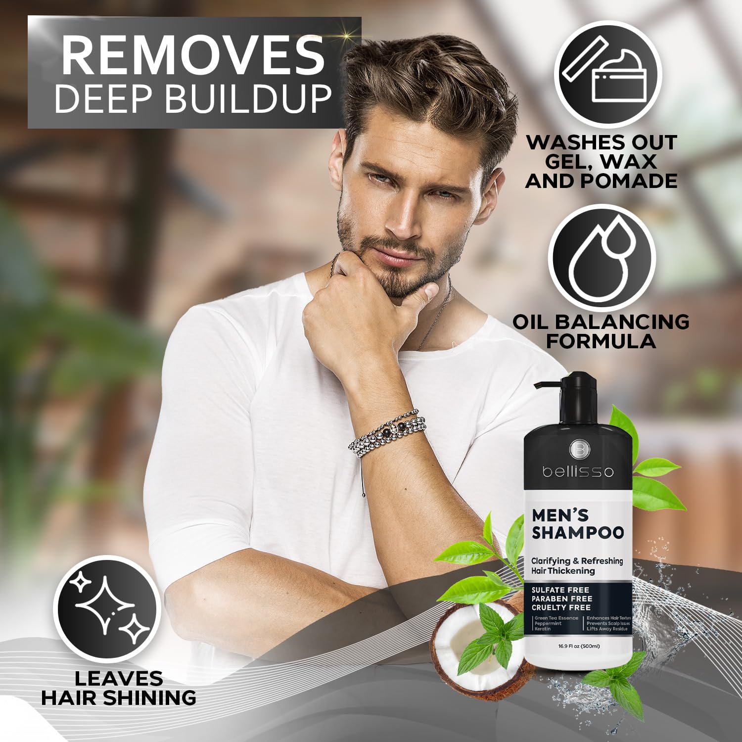 Shampoo for Men - Tea Tree Oil and Peppermint - Sulfate Free, Paraben Free - Clarifying, Refreshing, Volumizing & Moisturizing Hair Thickening Formula - Ideal for Oily Hair, Dry Scalps and Build Up