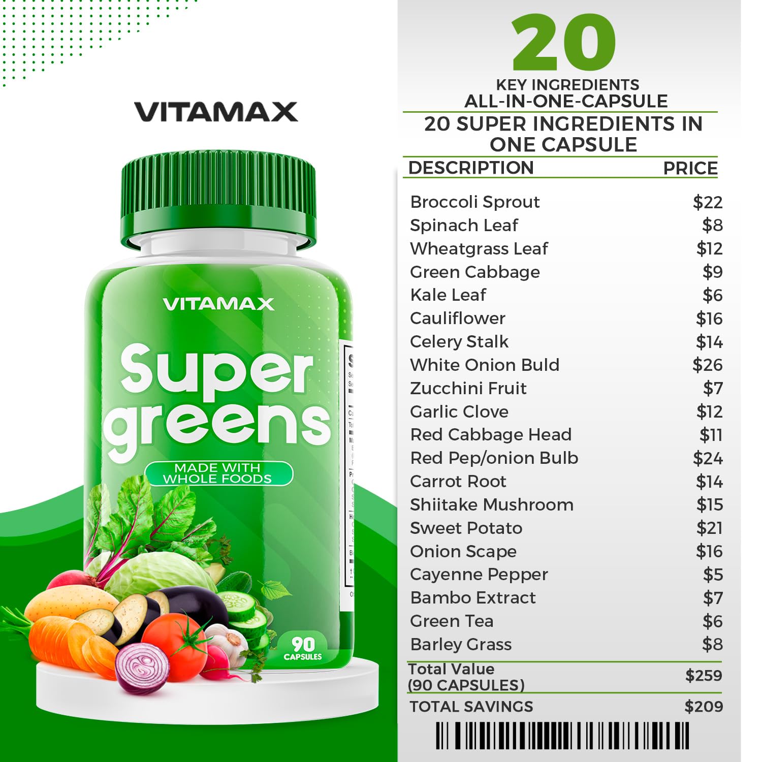 Vitamax Super Fruit and Vegetable Supplements – Organic Whole Superfood Vitamins & Minerals – 90 Veggie and 90 Fruit Capsules for Women, Men, and Kids - Soy Free – Made in The USA