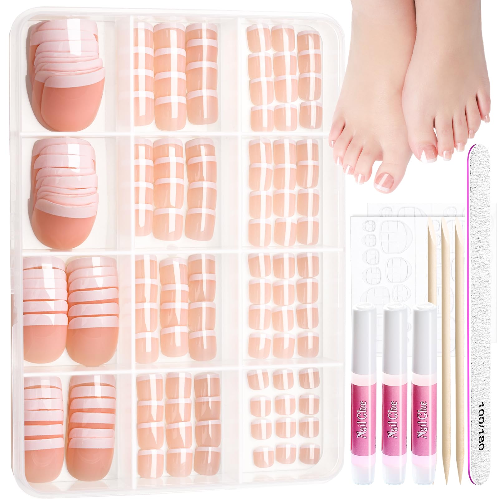 Teenitor 144pcs Press on Toenails for Women, 6 Sets French Tip Toe Press on Nails, Toe Nail Tips Fake Toenails, Fake Toe Nails Glue on Toe Nails Press on