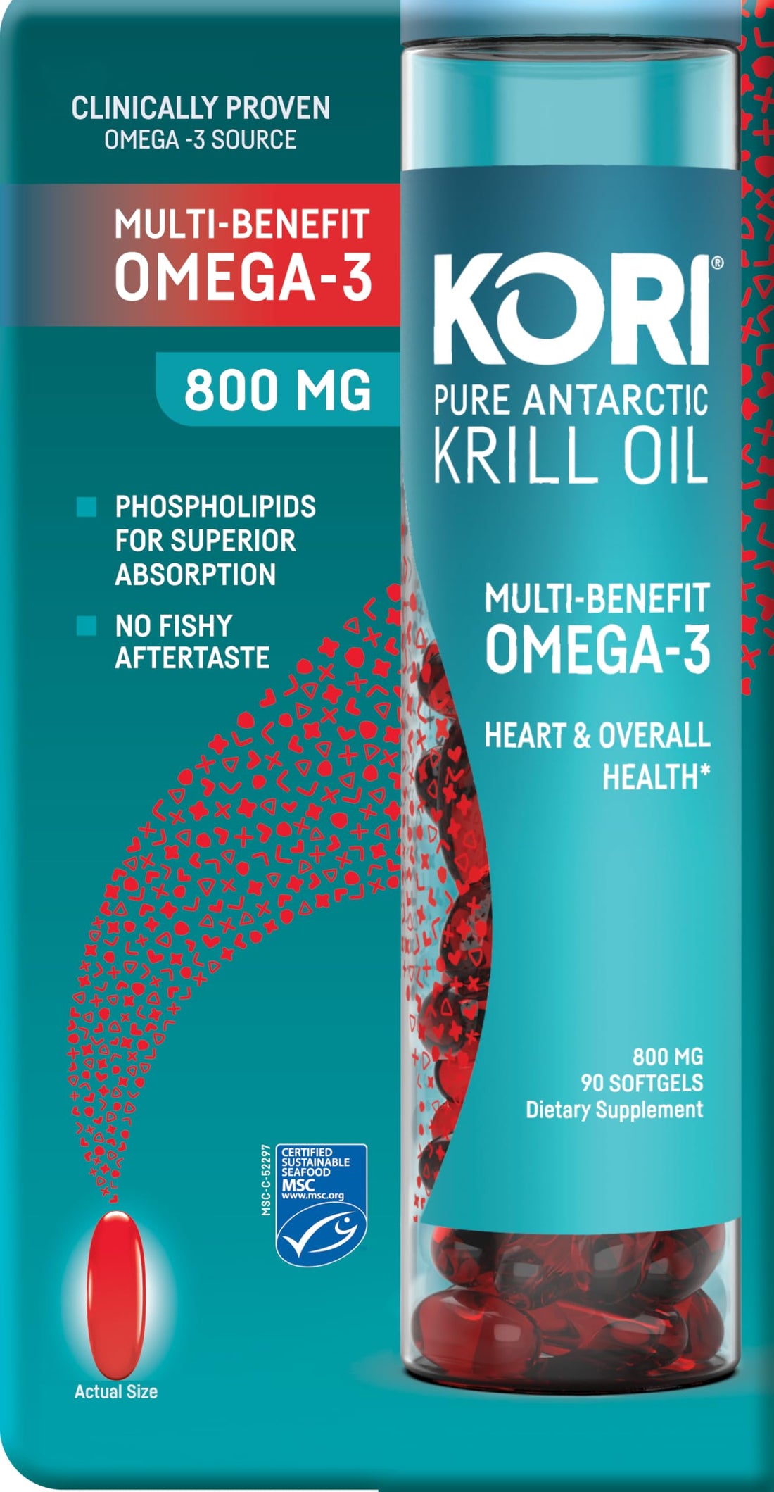 Kori Krill Antarctic Krill Oil Omega 3 Supplement, EPA & DHA, Krill Oil Supplements with Superior Absorption vs. Fish Oil, 800 mg, 90 softgels