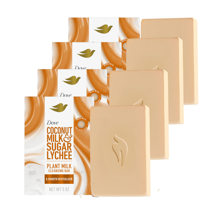 Dove Plant Milk Cleansing Bar Soap Coconut Milk & Sugar Lychee Smooth Revitalizer 4 Count for Moisturized Skin Gentle Cleanser, No Sulfate Cleansers or Parabens, 98% Biodegradable Formula 5 oz