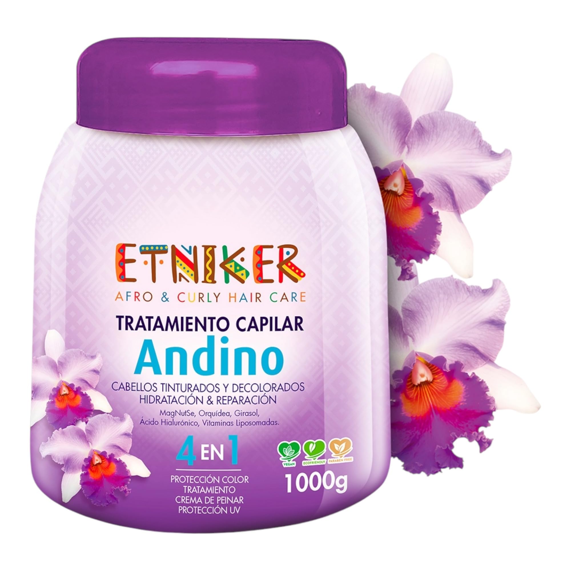 Etniker ANDINO 4-in-1 Treatment for Wavy & Curly Hair. Hydration & Repair for Dyed & Bleached Hair. Hair mask with Hyaluronic Acid, Liposomal Vitamins, Orchid & Sunflower. Frizz & Color Care. 33 oz