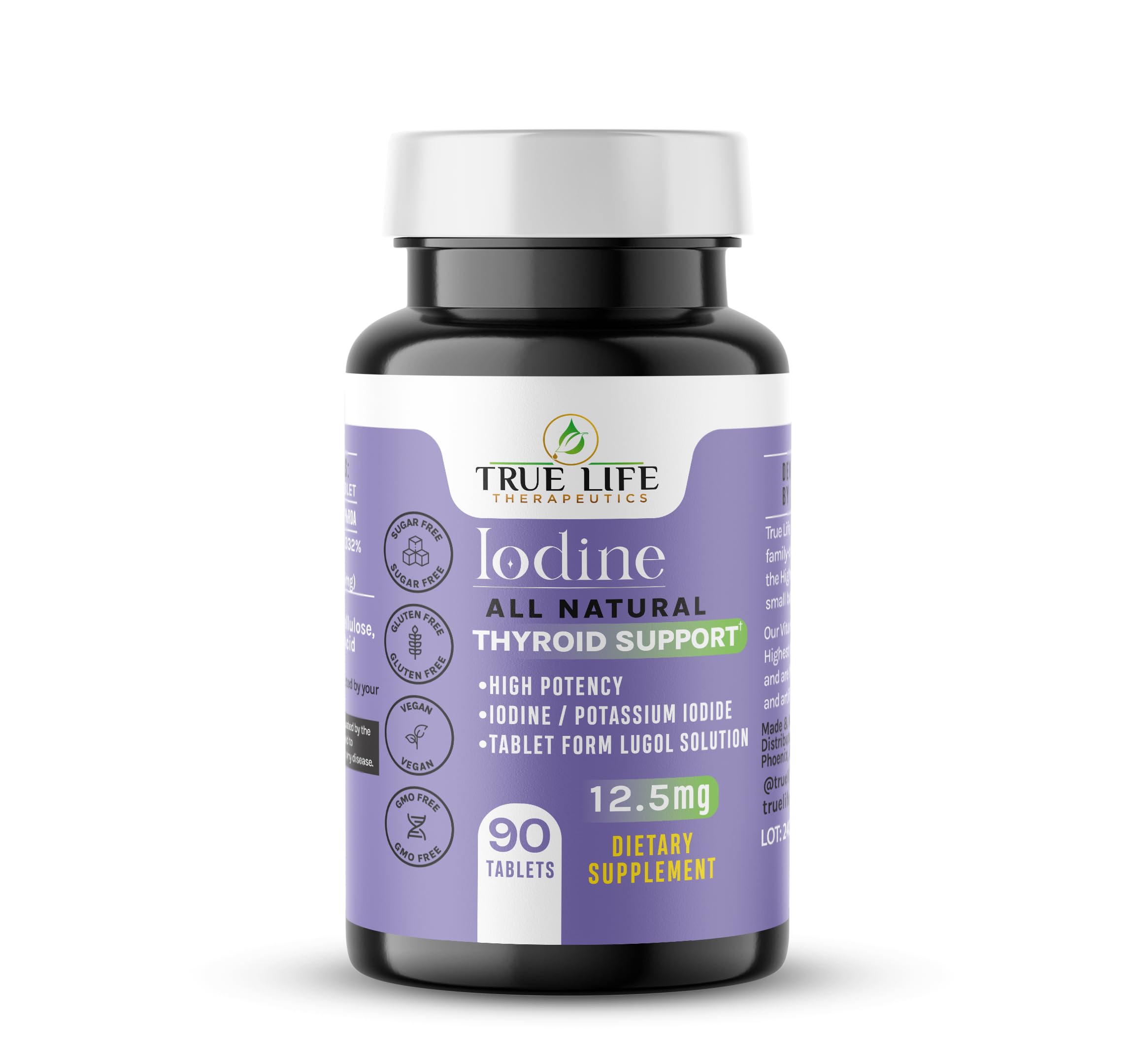 Lugol's Iodine Tablets 12.5mg x 90 ct - Reddish Brown Stable Iodine + Potassium Iodide Formula, Masks Bitter Liquid Taste, Thyroid Support, Detox, Breast Health - No Preservative, Non-GMO, Gluten-free