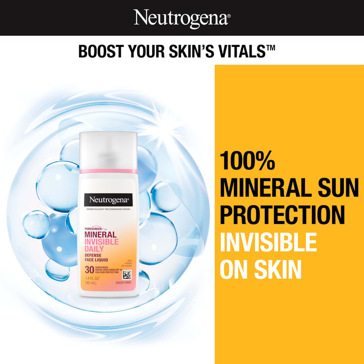 Neutrogena Purescreen+ Invisible Daily Defense Mineral Sunscreen for Face with SPF 30, Broad Spectrum Mineral Sunscreen with Vitamin E, Water Resistant, Fragrance-Free, 1.4 fl. oz