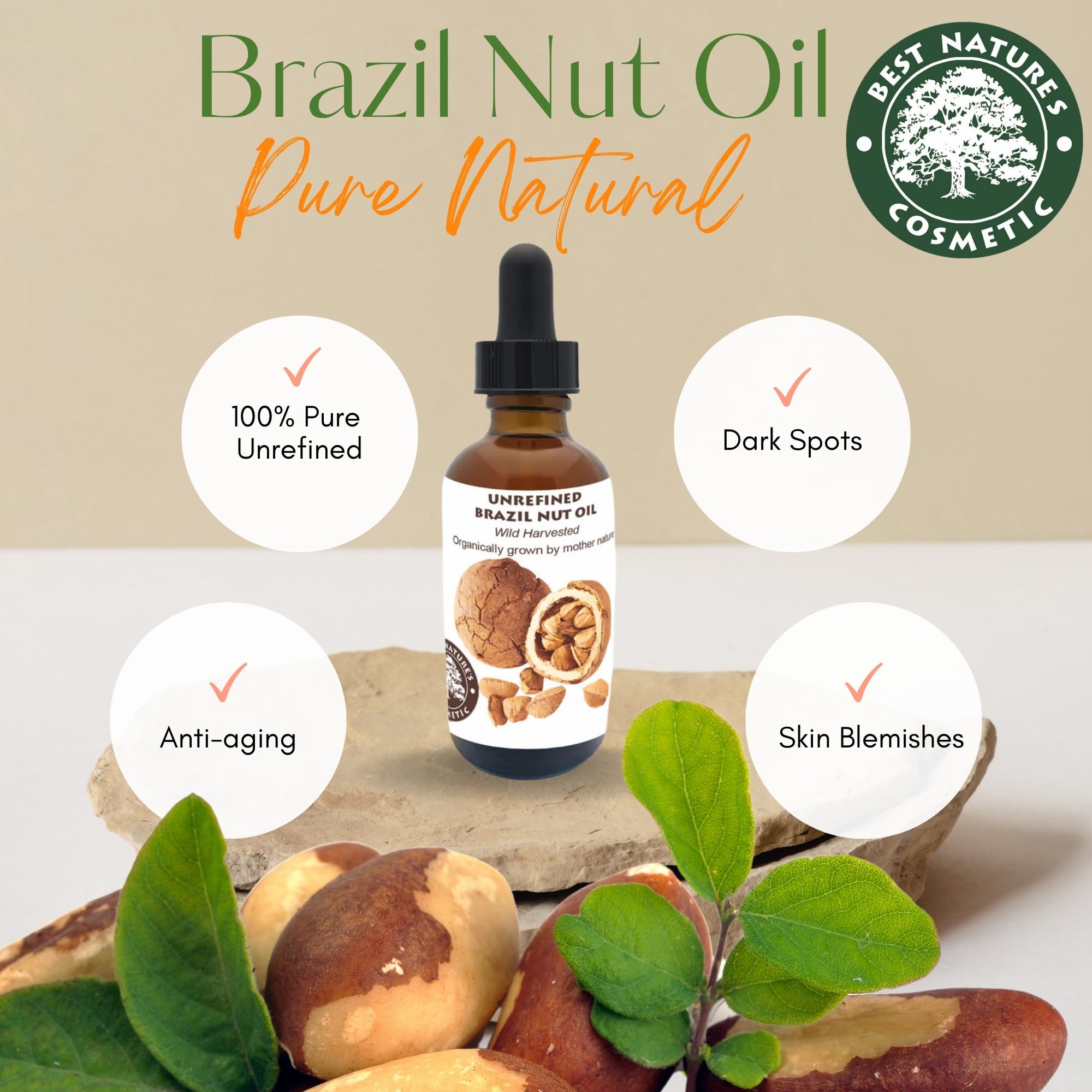 Best Nature's Cosmetics Virgin Organic Brazil Nut Oil, Hydrating Moisturizer for Skin & Hair, Cold-Pressed, Anti-Aging, Restores Radiance, Non-Greasy for Face & Body, Controls Frizz 2 Fl Oz - 60 ml
