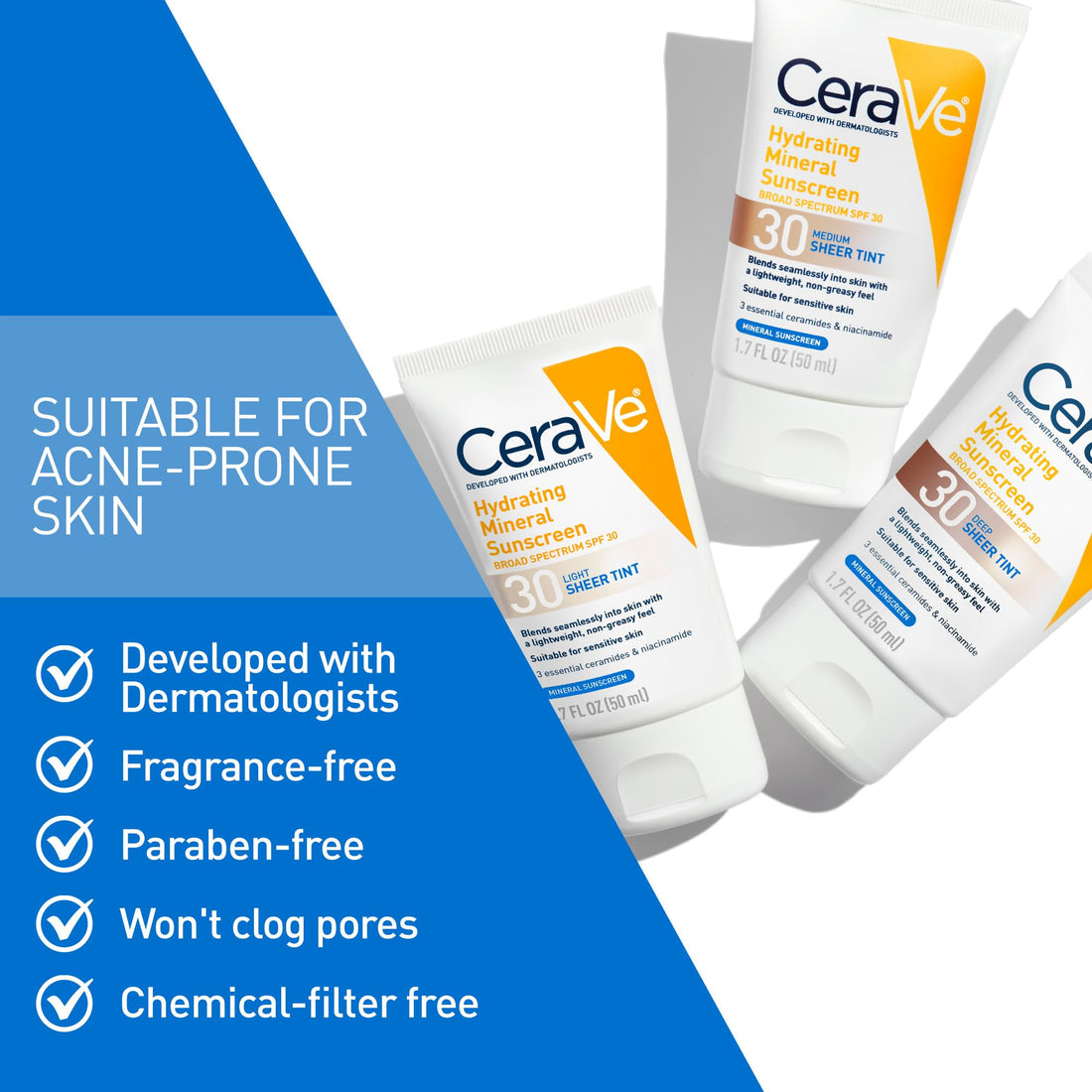 CeraVe Hydrating Mineral Sunscreen SPF 30 with Sheer Tint, Tinted Mineral Sunscreen with Zinc Oxide & Titanium Dioxide, Blends Seamlessly For Healthy Glow, Medium, 1.7 Fluid Ounce