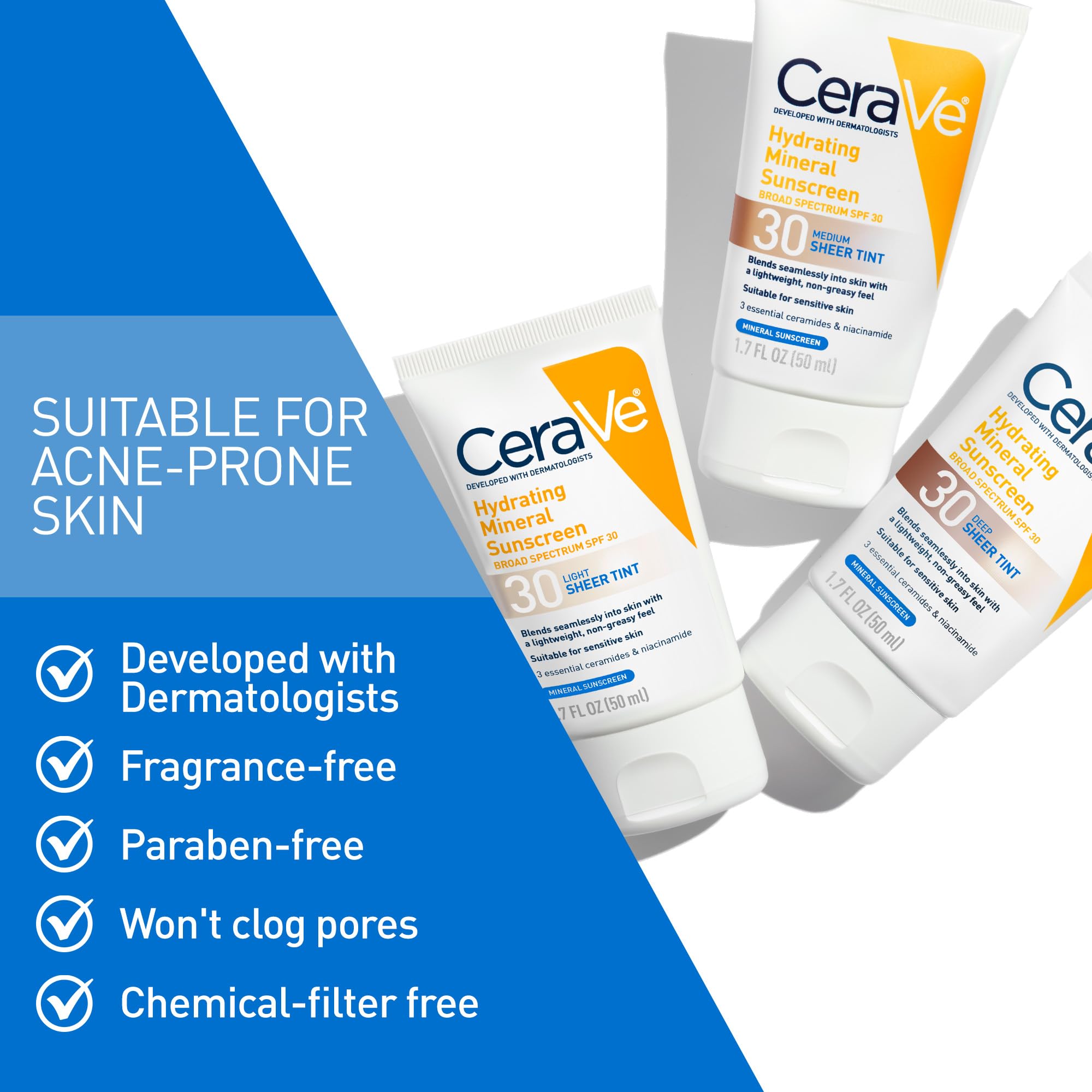 CeraVe Hydrating Mineral Sunscreen SPF 30 with Sheer Tint, Tinted Mineral Sunscreen with Zinc Oxide & Titanium Dioxide, Blends Seamlessly For Healthy Glow, Light, 1.7 Oz