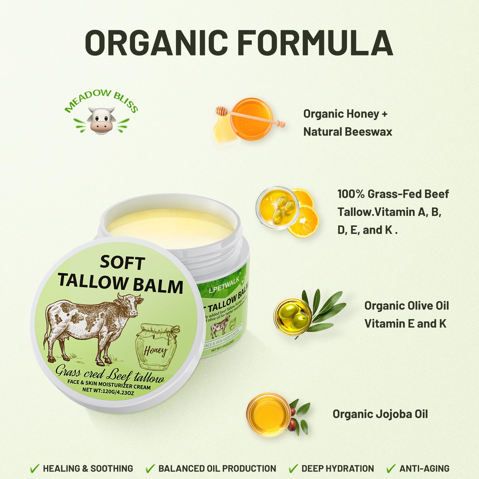 LPETWALK Beef Tallow for Skin - 4.2 oz Whipped Beef Tallow and Honey Balm -Grass-Fed Organic Tallow Face Cream -Natural Tallow Face Moisturizer - Moisturizer Body Skin Care for All Skin