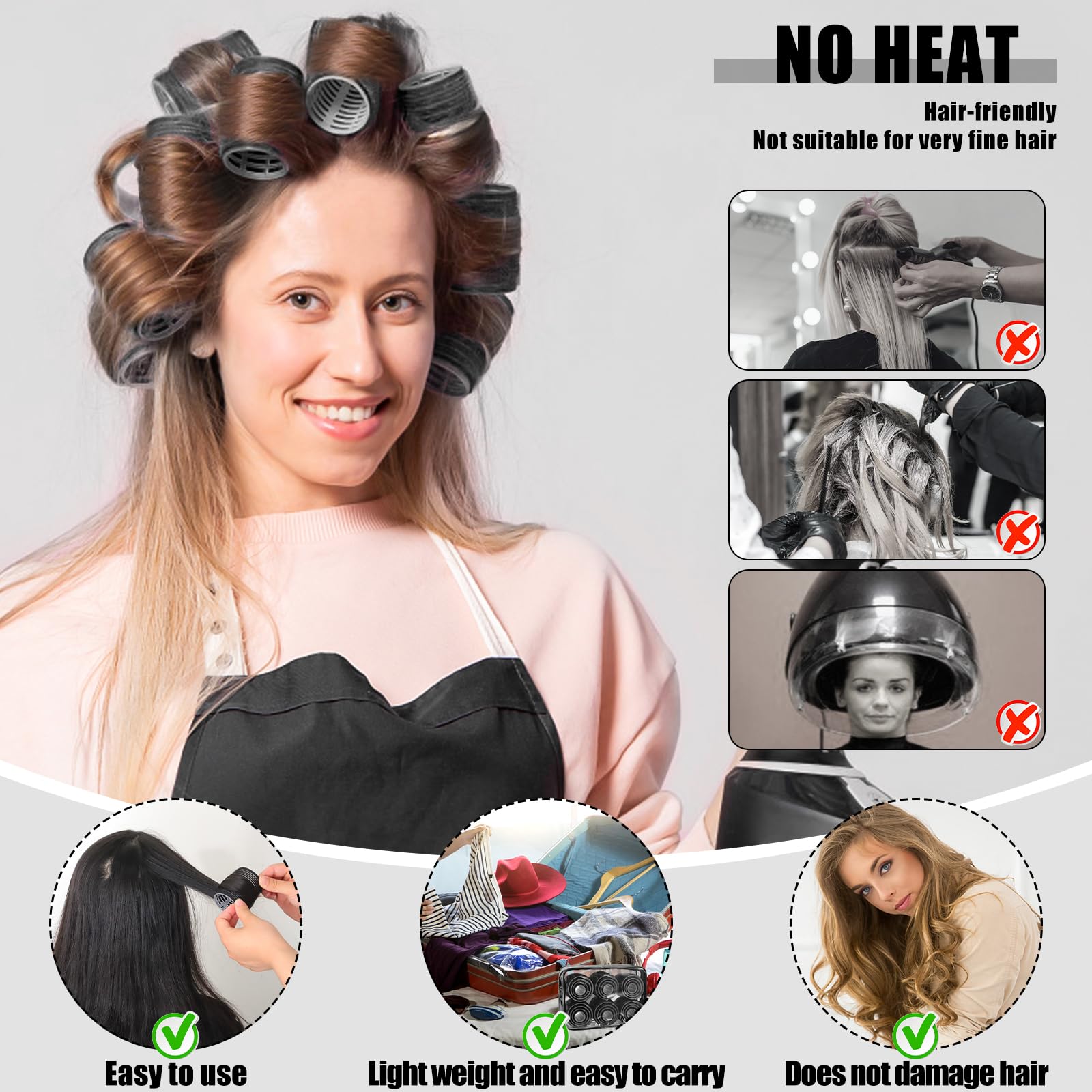 4 Sizes Self-Grip Hair Rollers Set - 50 Pcs Jumbo Curlers for Long, Short Hair and Bangs (25mm, 36mm, 48mm, 60mm) With Clips, Black