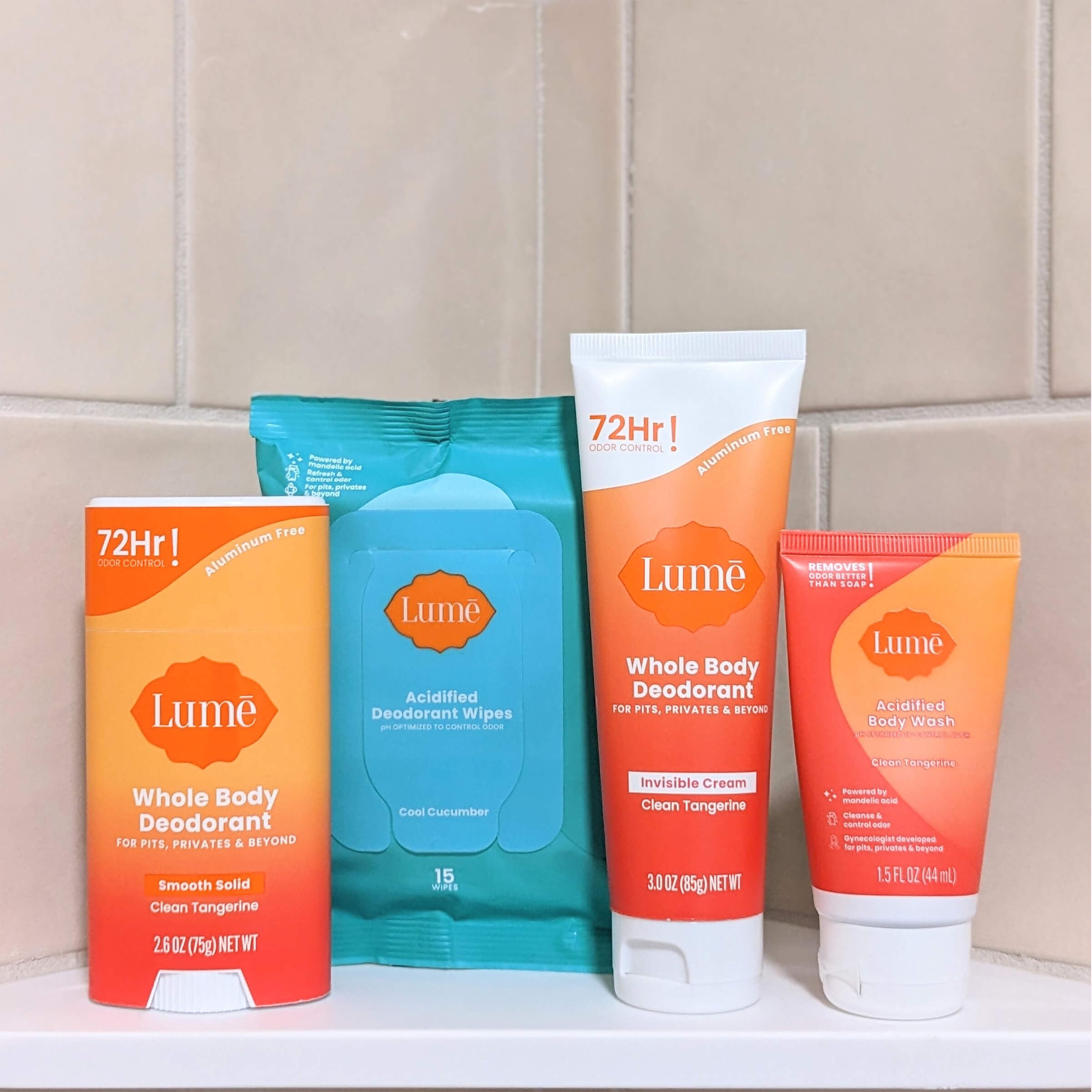 Lume Skin Care Gift Set for Women, Whole Body Deodorant Starter Pack -Smooth Solid Stick, Invisible Cream Tube, Acidified Body Wash Mini & Deodorant Wipes -Aluminum Free Odor Control (Clean Tangerine)