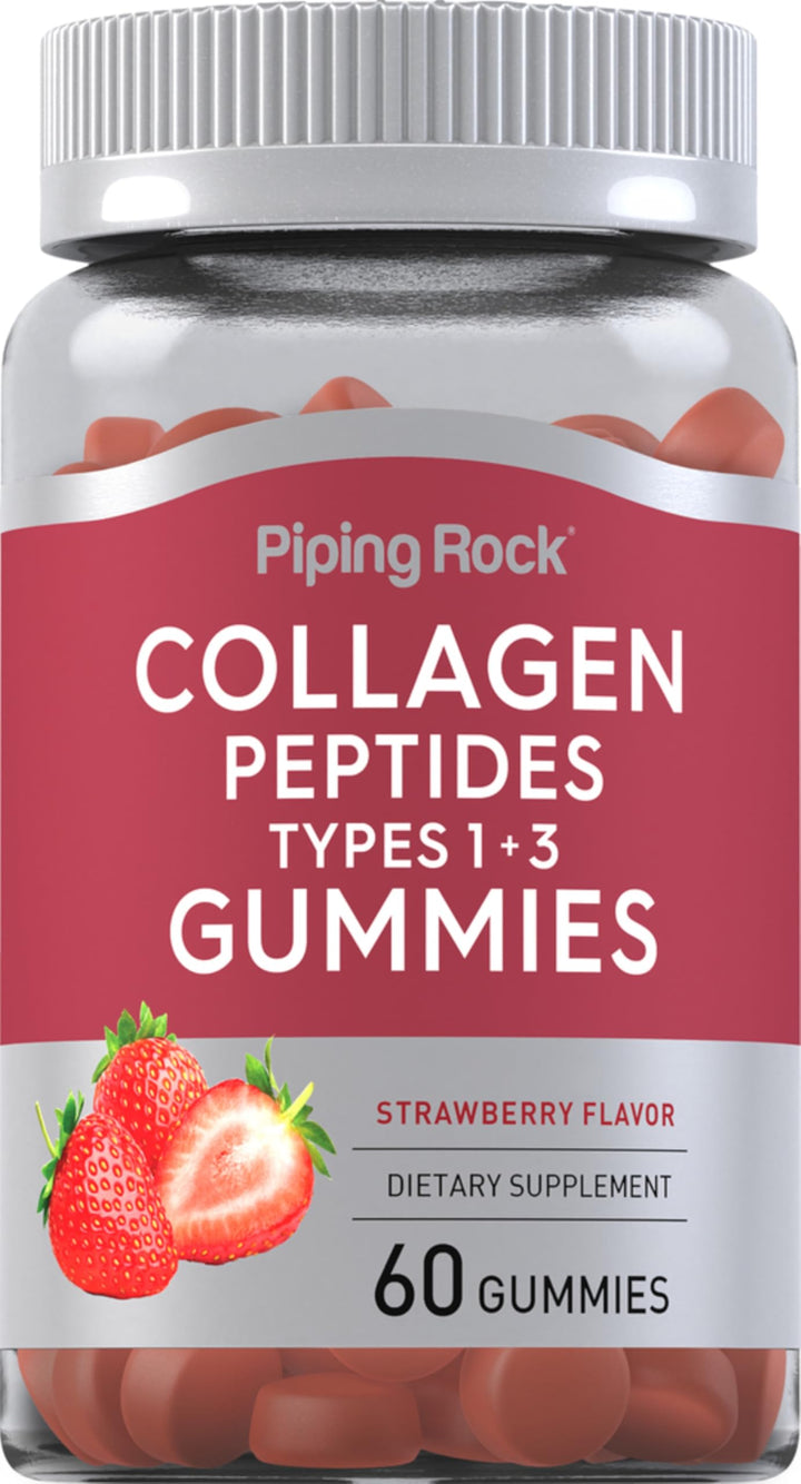 Piping Rock Collagen Gummies | 60 Count | Collagen Peptides Type 1 and 3 | Strawberry Flavor | Bovine Supplement | Non-GMO, Gluten Free
