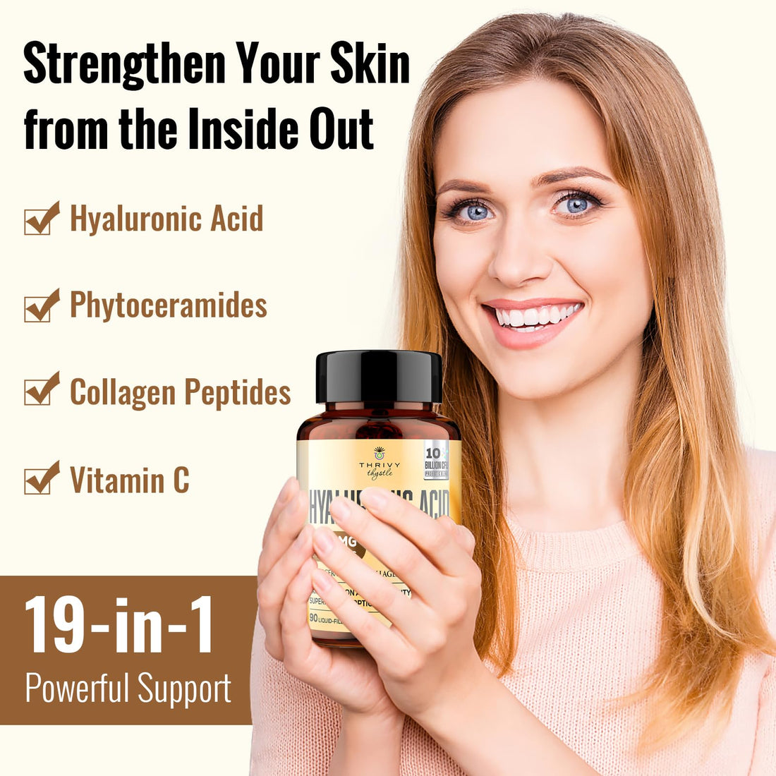 ThrivyThystle 19-in-1 Hyaluronic Acid Capsules - Hylunaric Acid 1200 mg, with Collagen Peptides, Vitamin C, Phytoceramides - for Skin, Eyes, Gastrointestinal, Bones & Joint Lubrication (1 Pack)