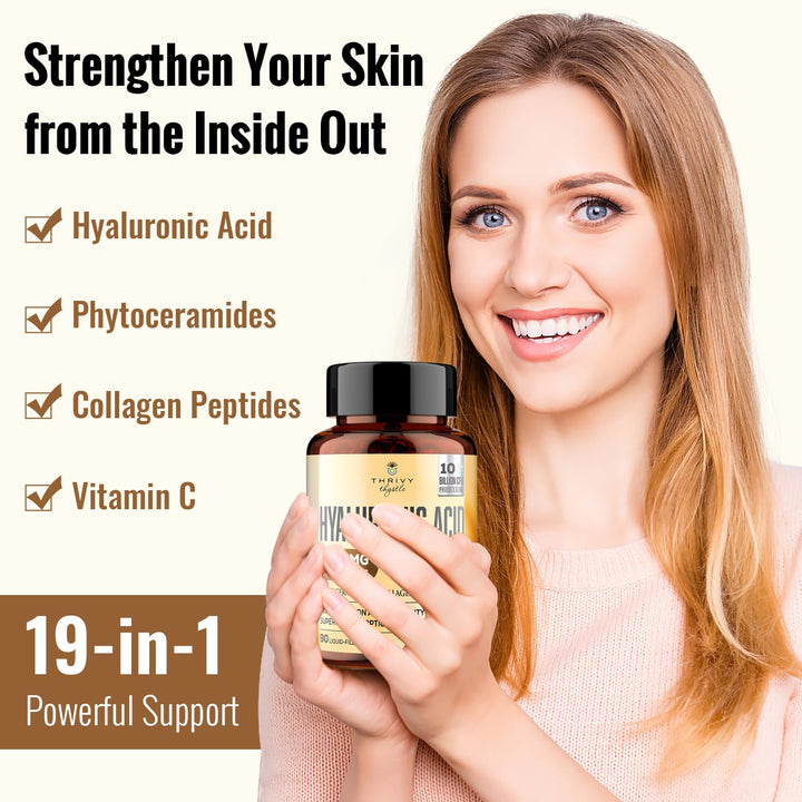 ThrivyThystle 19-in-1 Hyaluronic Acid Capsules - Hylunaric Acid 1200 mg, with Collagen Peptides, Vitamin C, Phytoceramides - for Skin, Eyes, Gastrointestinal, Bones & Joint Lubrication (1 Pack)