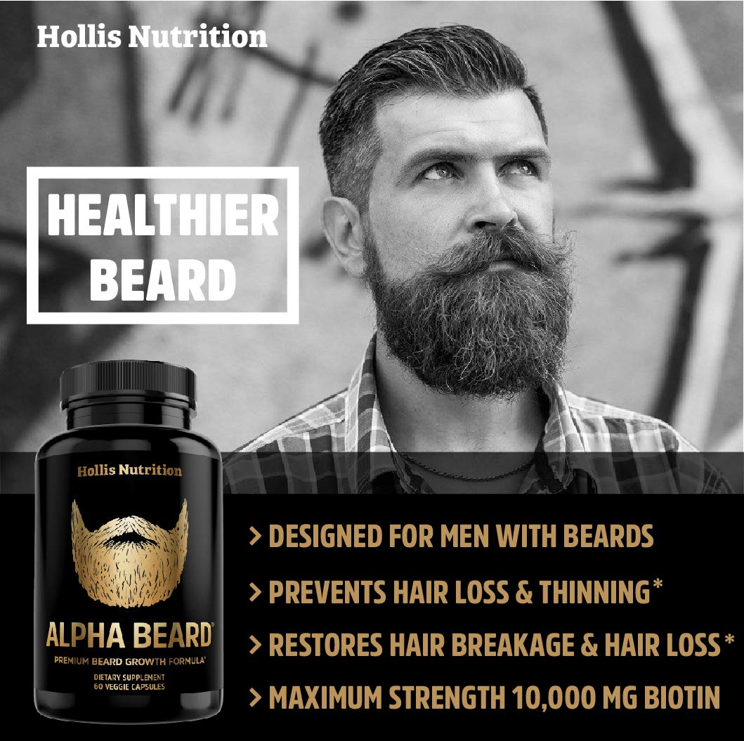 ALPHA BEARD Growth Vitamins | Biotin 10K MCG, Collagen, Keratin, Hyaluronic Acid, B-Complex, MSM | Beard DHT Blocker | Beard and Hair Growth Supplement for Men | Regrow Stronger, Healthier Facial Hair