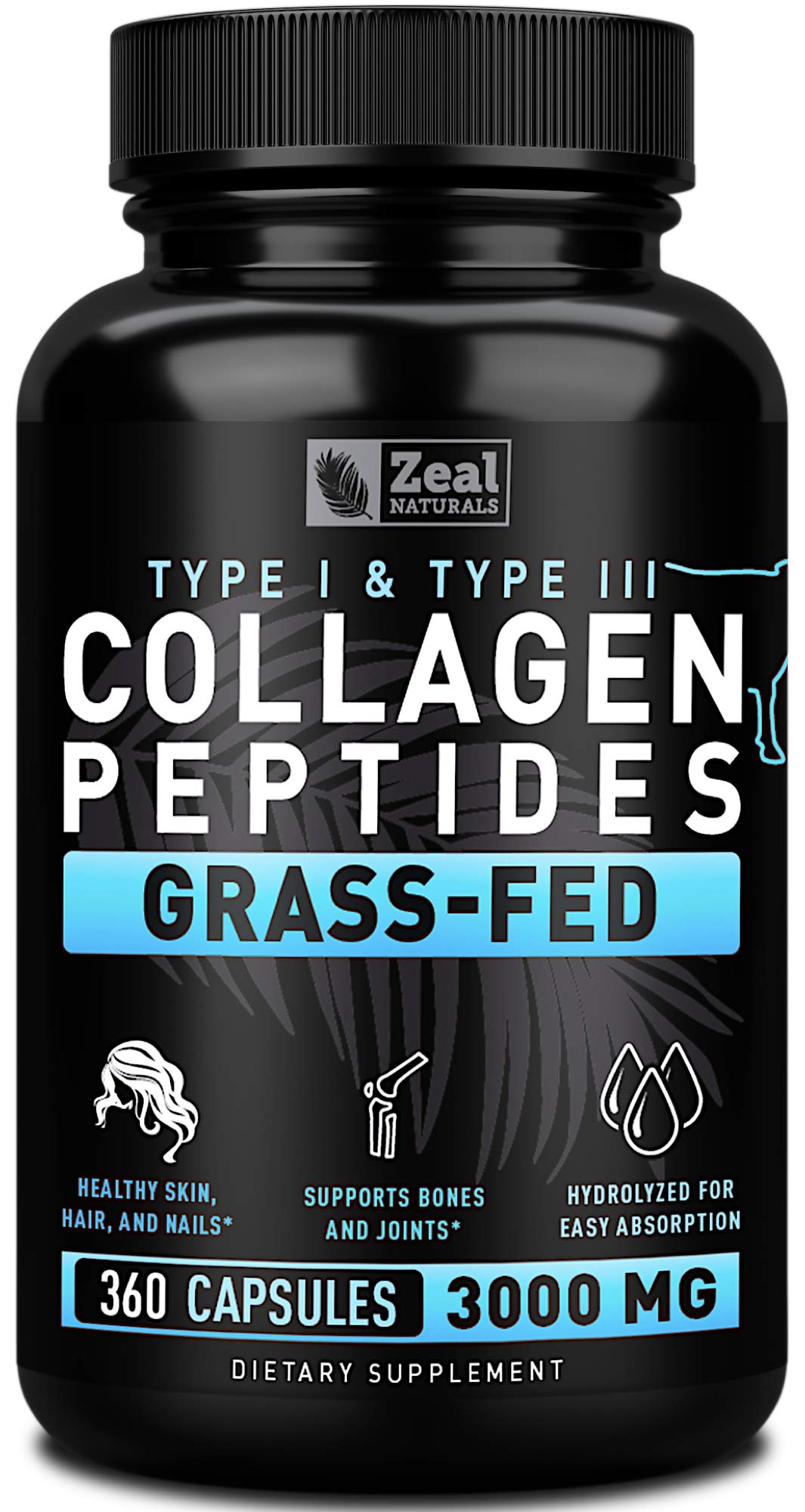 Zeal Naturals Collagen Peptides Collagen Pills (360 Capsules) Grass Fed Collagen Pepetide Powder - Hydrolyzed Collagen Powder for JointTendon SupplementHair Skin and Nails -