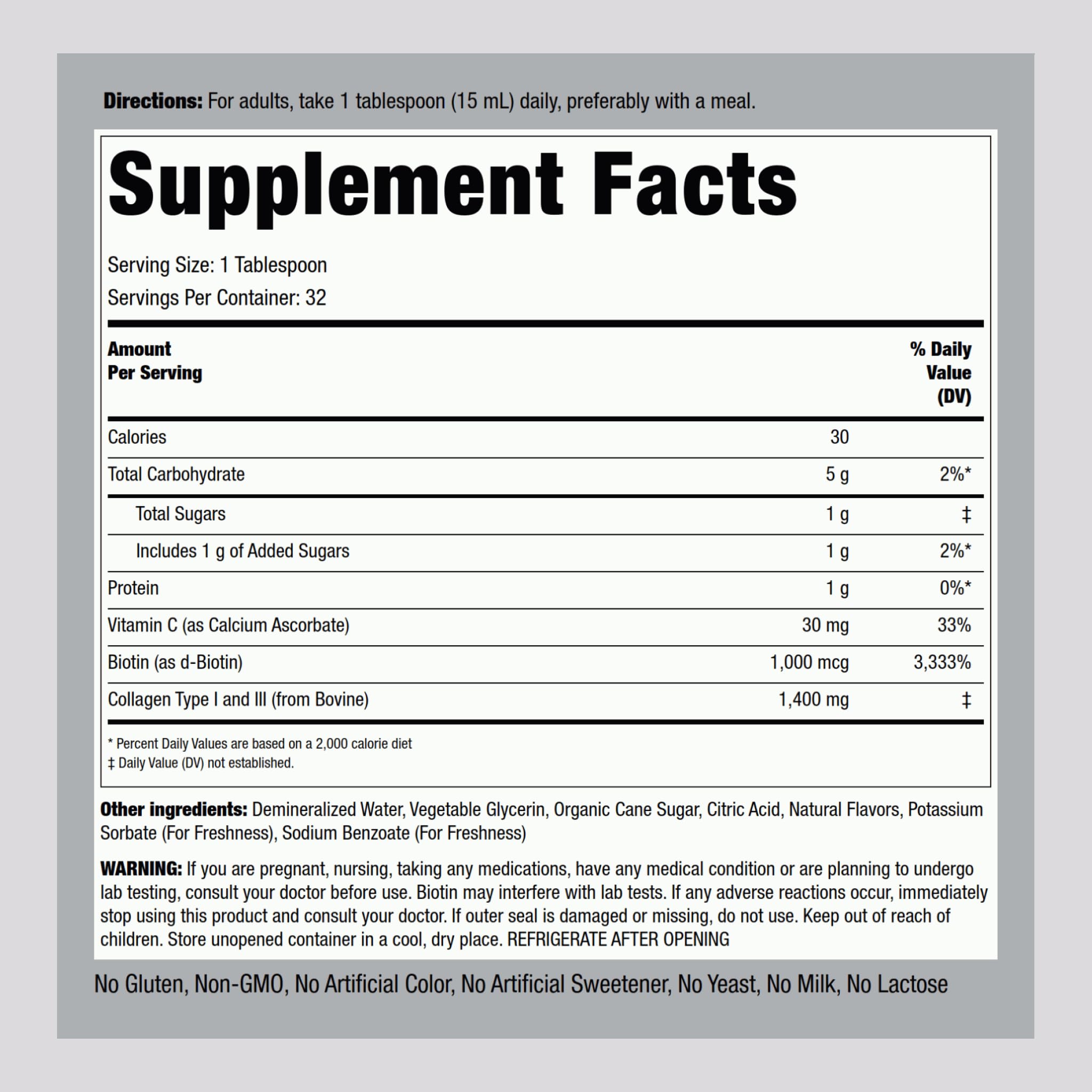 Piping Rock Liquid Collagen and Biotin 16 fl oz | Premium Beauty Formula Supplement | Type 1 and 3 | Berry Flavor | Non-GMO and Gluten Free
