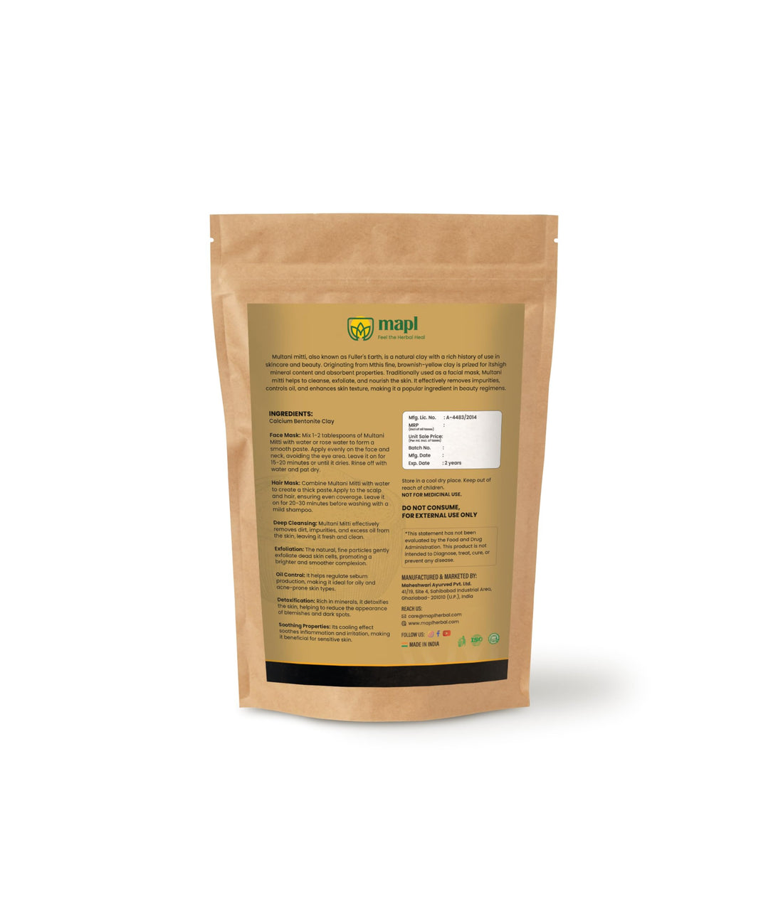 MAPL Multani Mitti Powder Fuller's Earth Clay | 100% Healing Clay for Skin Cleansing, Face Masks, Body Scrubs | Natural Calcium Bentonite Clay | Herbal Face Pack for All Skin Types | 7.05 oz (200g)