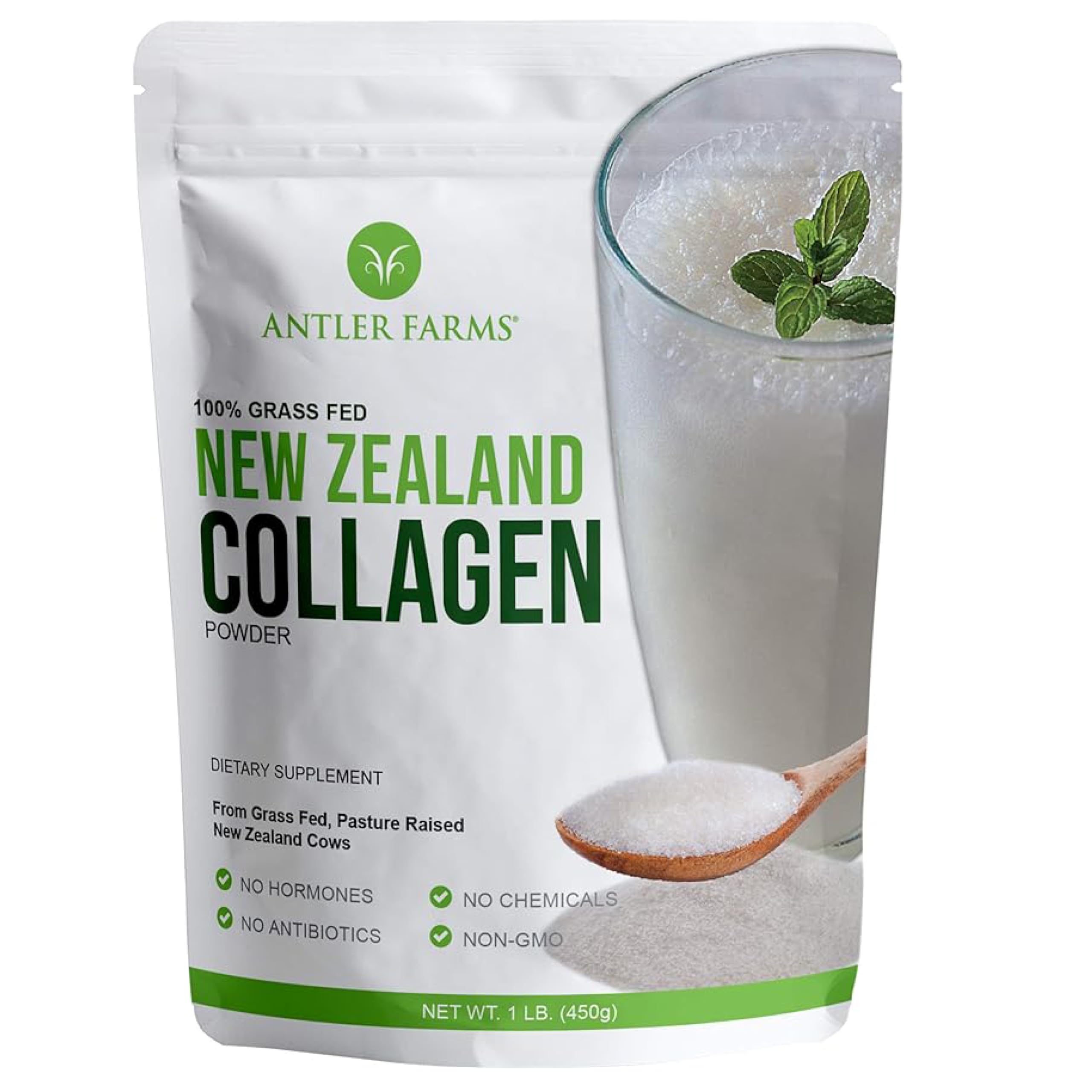 Antler Farms - 100% Pure New Zealand Collagen Powder from Grass Fed Cows, Unflavored, 1 lb - Hydrolyzed Cold Water Soluble Peptides, Keto Friendly, Bioavailable, Quick Dissolving