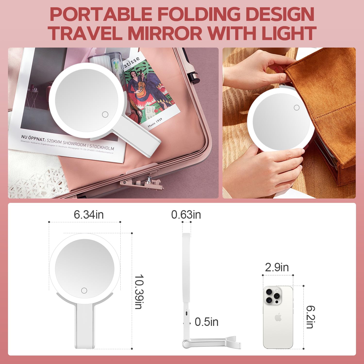 MIYADIVA Lighted Makeup Mirror, 30X Magnifying Mirror with Light and Adjustable Brightness, Hanging and Handheld Mirror with Handle, Portable Travel Makeup Mirror with Lights, Vanity Mirrors for Women