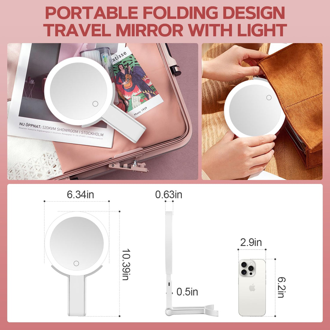 MIYADIVA Lighted Makeup Mirror, 30X Magnifying Mirror with Light and Adjustable Brightness, Hanging and Handheld Mirror with Handle, Portable Travel Makeup Mirror with Lights, Vanity Mirrors for Women