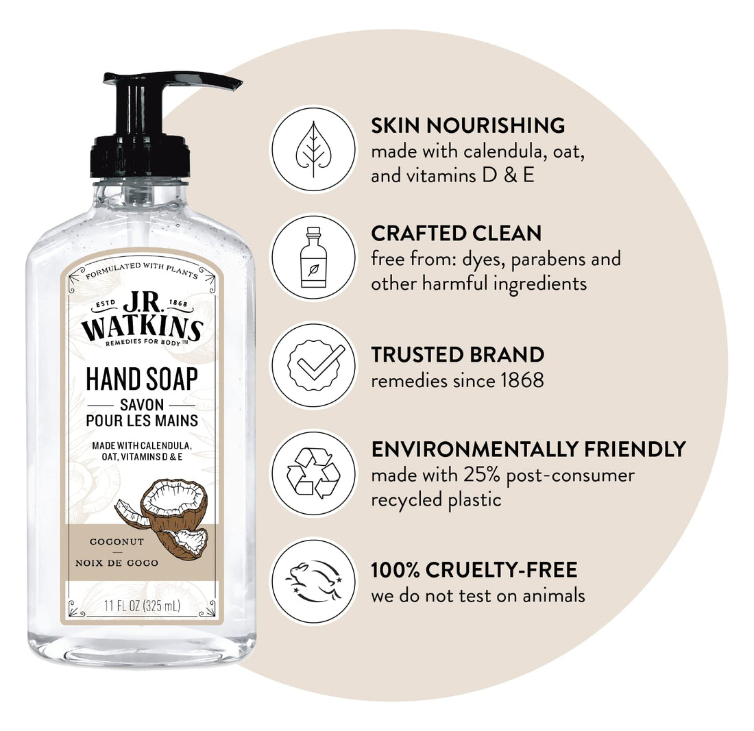 J.R. Watkins Natural Liquid Hand Soap, Coconut, 11 Ounce (Pack of 6)