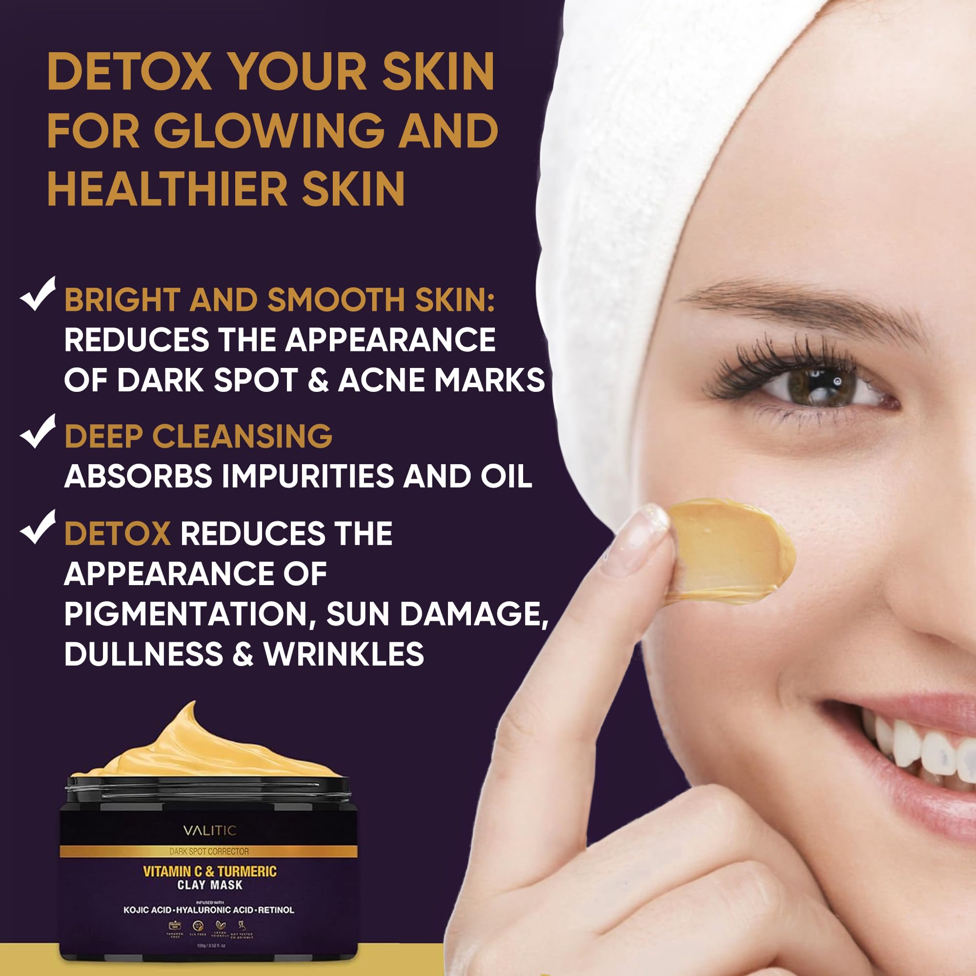 VALITIC Vitamin C & Turmeric Clay Mask - Dark Spot Corrector with Kojic Acid, Hyaluronic Acid & Retinol - Skin Care Routine for Minimizing Pores & Blackheads - with Applicator Brush - 100g