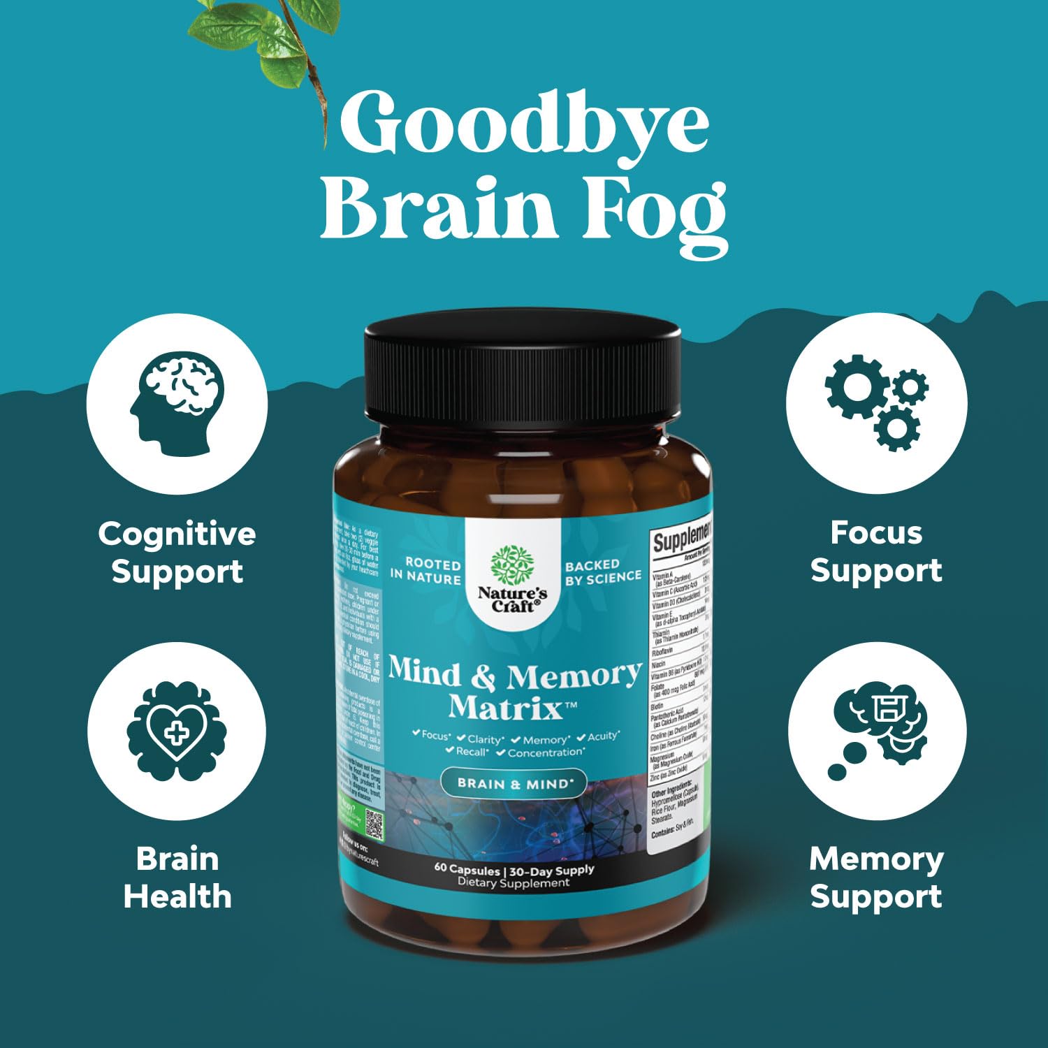 Advanced Nootropics Brain Support Supplement - Synergetic Mental Energy and Focus Supplement with Brain Vitamins for Cognitive Enhancement - Mind and Memory Supplement for Brain Health (30 Servings)