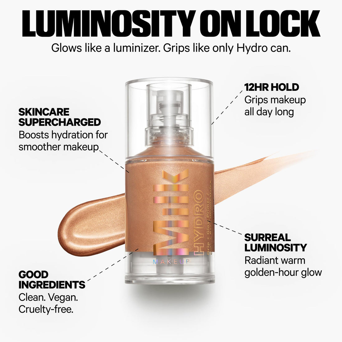 Milk Makeup Hydro Grip + Glow Primer with Hyaluronic Acid – Illuminating Face Primer Grips Makeup for Up to 12 Hours – Silicone-Free, Hydrating Formula with Radiant, Golden Finish – 1 oz