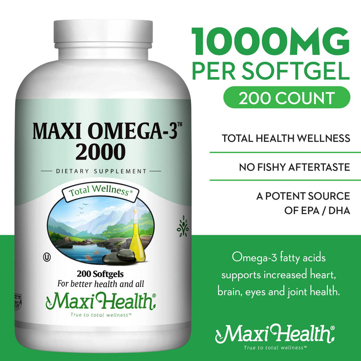Omega 3 Supplement - Omega-3 Fish Oil 2000mg - Natural Source of EPA & DHA - Heart, Brain & Joint Health - Kosher Certified Wild Caught Marine Fish - 200 Vegetarian Softgels by Maxi Health