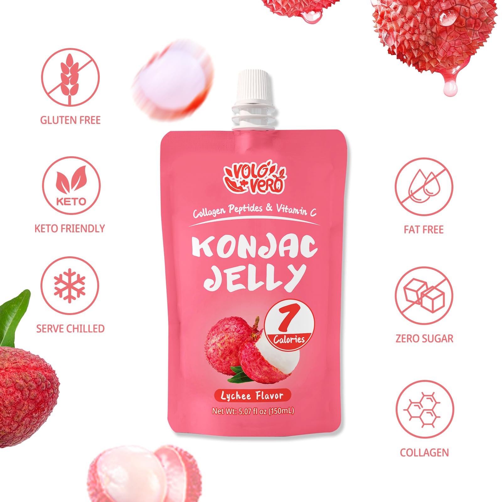 VOLO VERO Konjac Jelly Pouch Drinkable Lychee Flavor with Collagen Peptides and Vitamin C, 7 Calories, Gluten Free, Zero Sugar,Keto, Low Fat Healthy Fruit Snacks, Holiday Gifts, 10 Packs