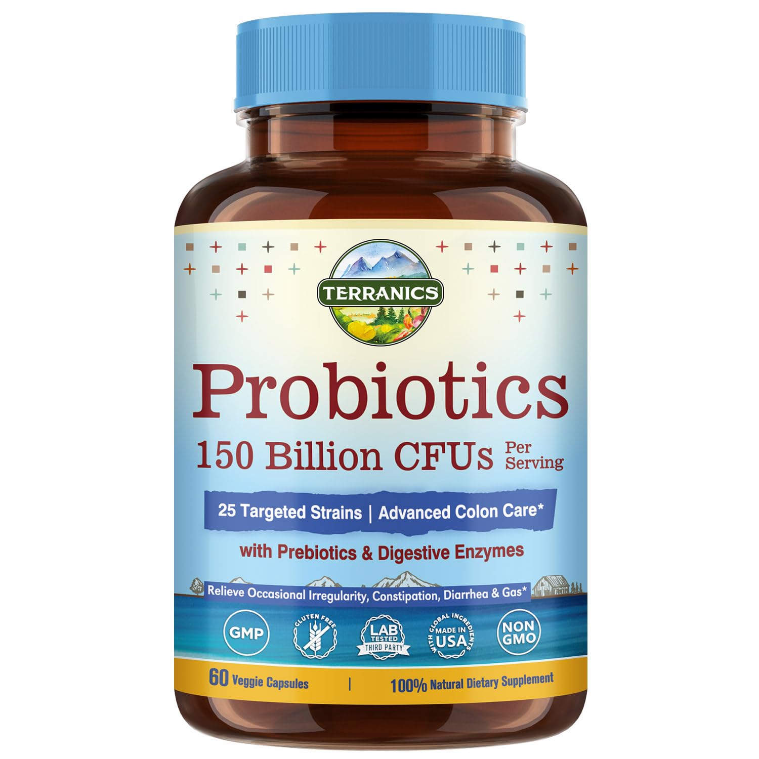 Terranics Daily Probiotics for Men & Women, 150 Billion 25 Strains Colon Care Probiotics, with Prebiotics & Enzymes, Healthy Regularity, Delayed Release, Shelf Stable, 60 Veggie Caps