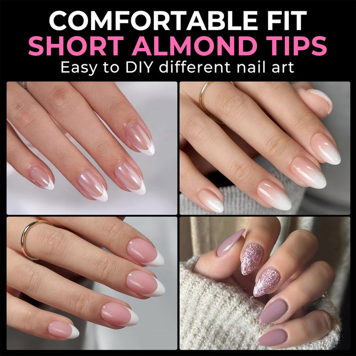 UNA GELLA Short Almond Fake Nails 216pcs Pre-shape Gel Acrylic Nail Tips for Full Cover Nail Extension Home DIY Nail Salon 12 Sizes Gelly Tips