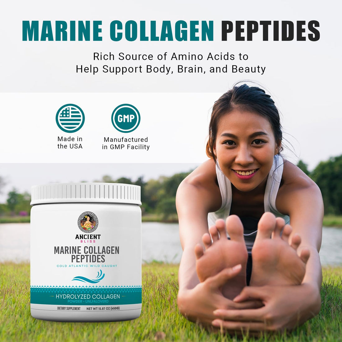 Ancient Bliss Wild-Caught Marine Fish Collagen Peptides Powder, Flavorless Collagen Protein Supplement with Type 1, Non-GMO, Gluten-Free, Amino Acid Supplement for Skin, Hair and Nails, 15.87 Oz