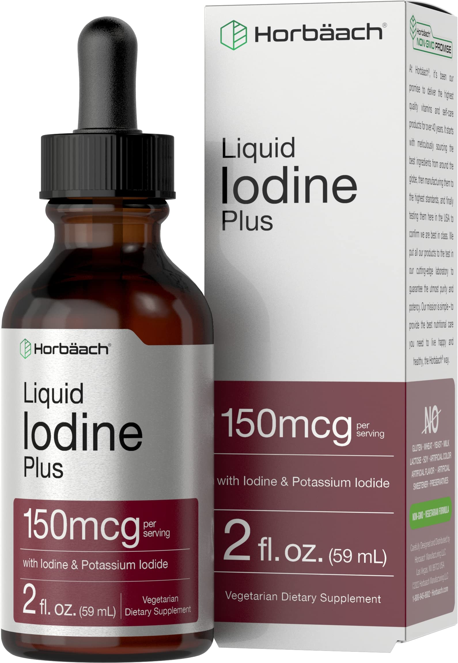 Horbäach Liquid Iodine Drops | 2 fl oz | 150 mcg | Iodine & Potassium Iodide Liquid Tincture | Vegetarian, Non-GMO, Gluten Free Supplement
