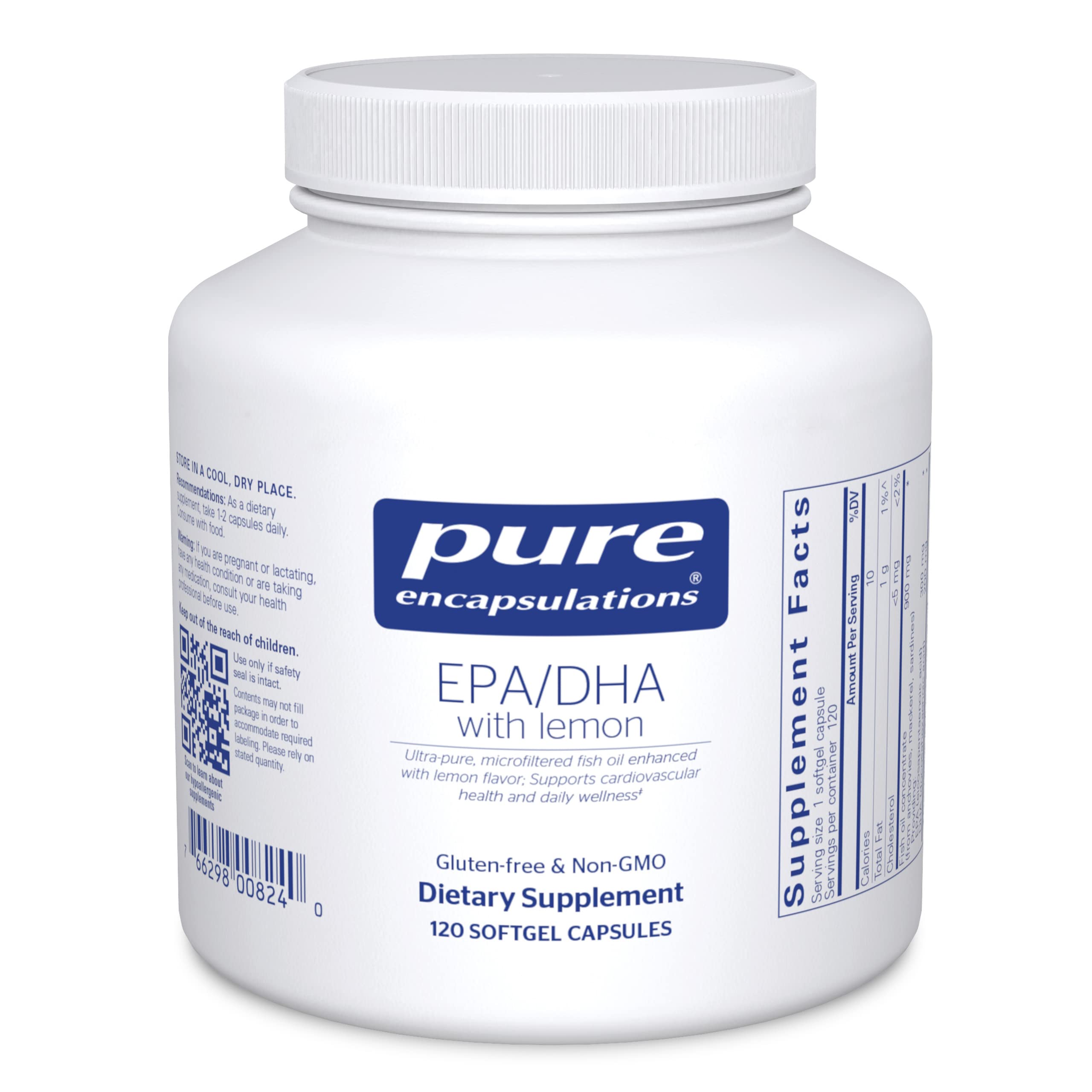 Pure Encapsulations EPA/DHA with Lemon | Ultra-Pure, Molecularly Distilled Fish Oil Concentrate with Lemon | 120 Softgel Capsules