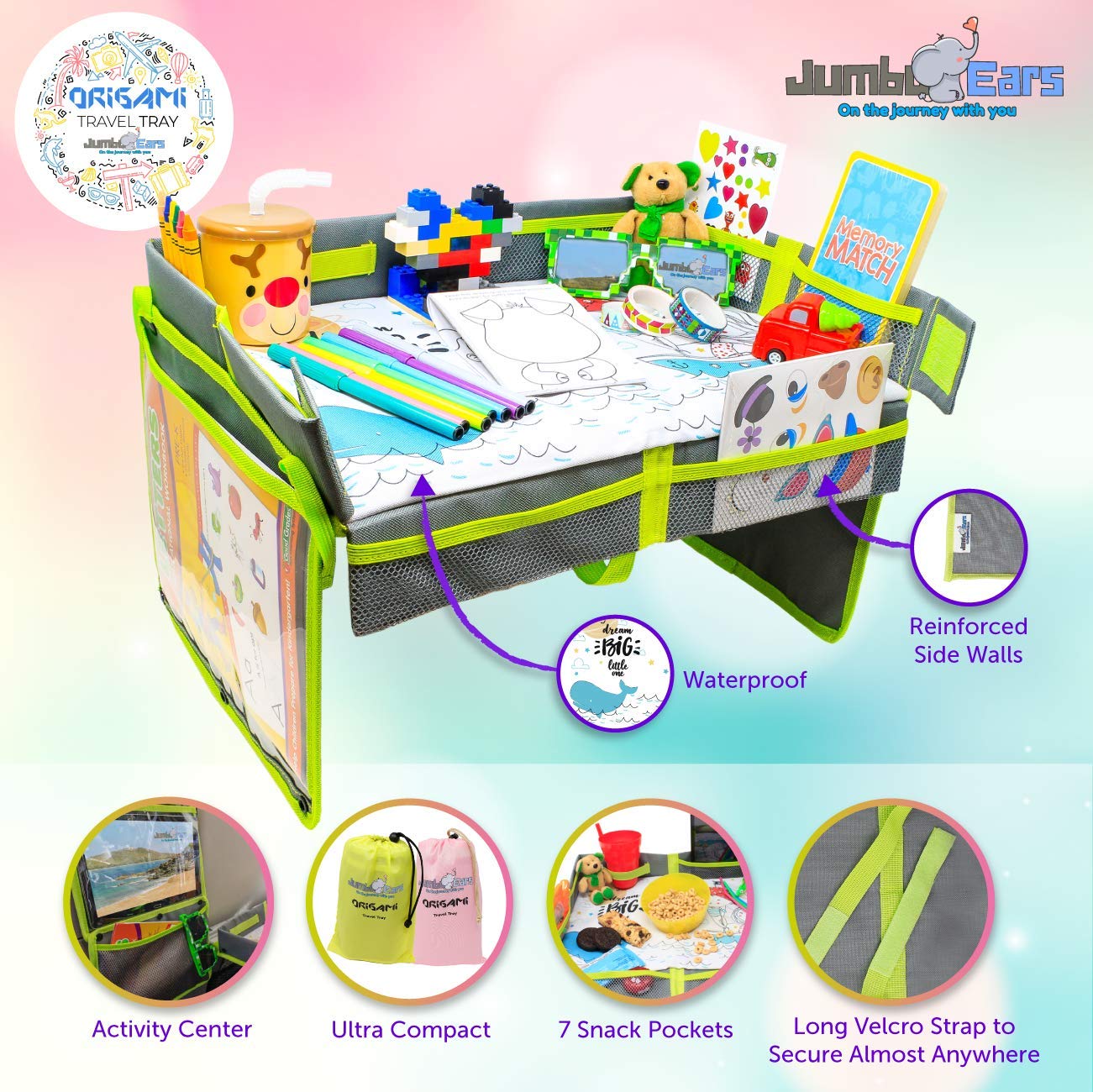 Jumbo Ears Origami Kids Travel Tray Placemat Cover -Gray- Foldable and Easy to Setup with Bonus Portable Multipurpose Side Pockets Organizer for Tablets and Phones Activities or Snacks for Toddler