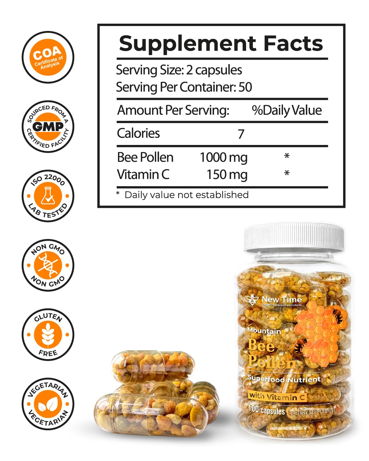 Bee Pollen Vegetarian Capsules with Vitamin C, Organic Supplement for Men and Women, Fermented Granules, Natural Multivitamin, Immune Energy Support (100 caps) Non-GMO & Pure