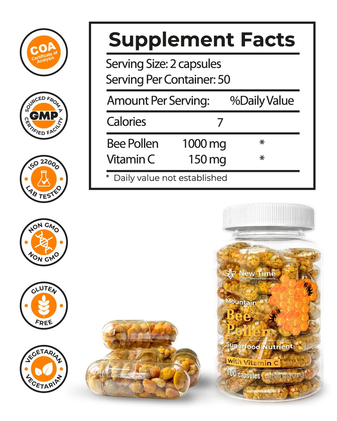 Bee Pollen Vegetarian Capsules with Vitamin C, Organic Supplement for Men and Women, Fermented Granules, Natural Multivitamin, Immune Energy Support (100 caps) Non-GMO & Pure