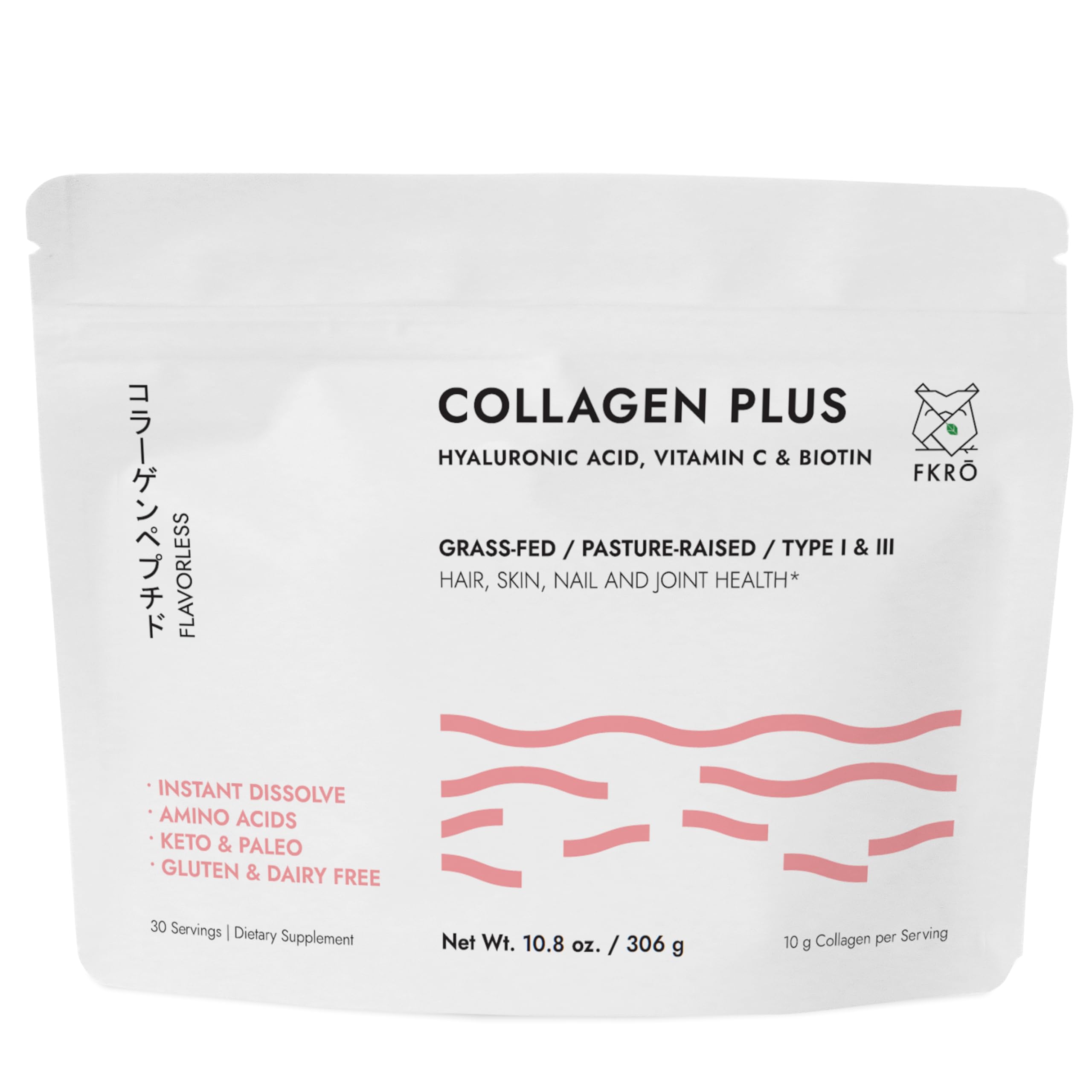 FKRO Collagen Plus w Biotin, Hyaluronic Acid & Vitamin C - Hair, Skin, Nails & Joint Support - Naturally Sourced Type I & III Hydrolyzed Collagen Powder, Unflavored - 30 Servings, 10.8oz