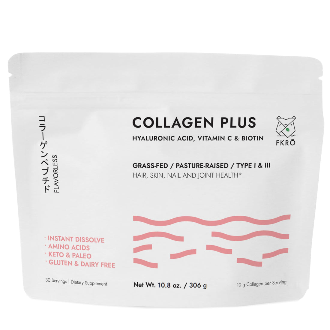 FKRO Collagen Plus w Biotin, Hyaluronic Acid & Vitamin C - Hair, Skin, Nails & Joint Support - Naturally Sourced Type I & III Hydrolyzed Collagen Powder, Unflavored - 30 Servings, 10.8oz