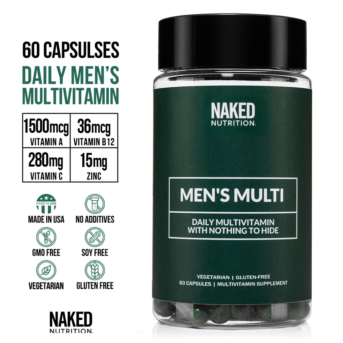 Men’s Multi – Daily Multivitamin for Men – A, C, E, Selenium, Zinc, Fruit and Super Green Extracts and More to Boost Immune Support – Gluten-Free and Vegetarian Daily Vitamins – 60 Capsules