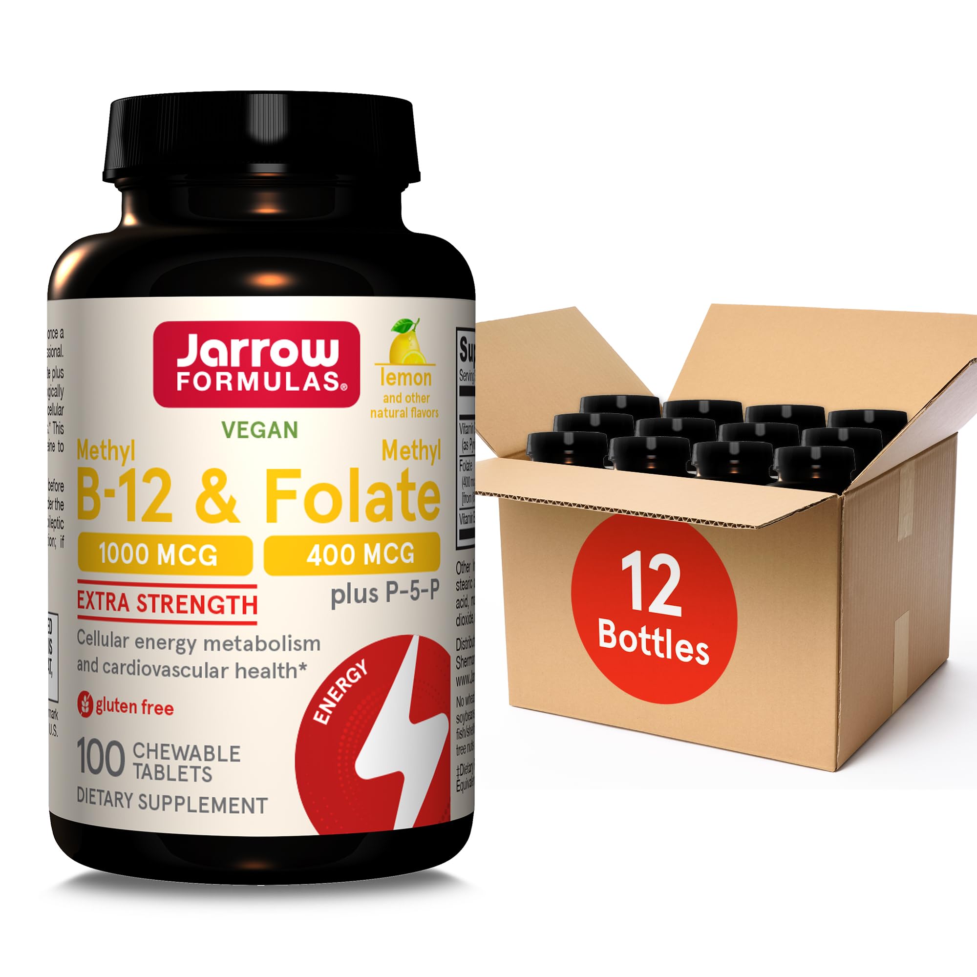 Jarrow Formulas Methyl B-12 1000MCG & Methyl Folate 400MCG,Extra Strength,Cellular Energy Metabolism & Cardiovascular Health Formula(1) With P-5-P,100Chewable Tabs,Up to a 100 Day Suppl,12Packs