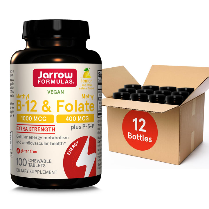 Jarrow Formulas Methyl B-12 1000MCG & Methyl Folate 400MCG,Extra Strength,Cellular Energy Metabolism & Cardiovascular Health Formula(1) With P-5-P,100Chewable Tabs,Up to a 100 Day Suppl,12Packs
