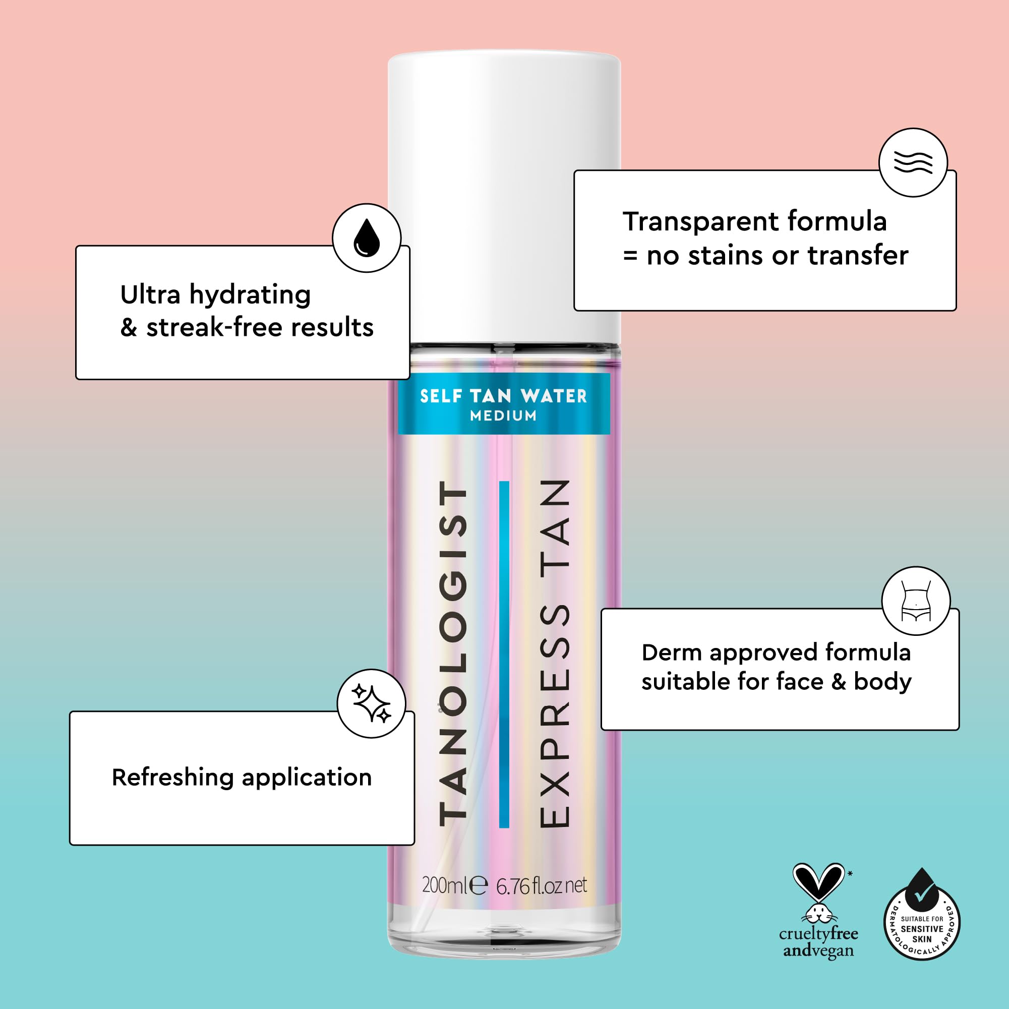 Tanologist Self Tan Water - Hydrating Express Tan, 200ml - Cruelty & Toxin Free - Medium