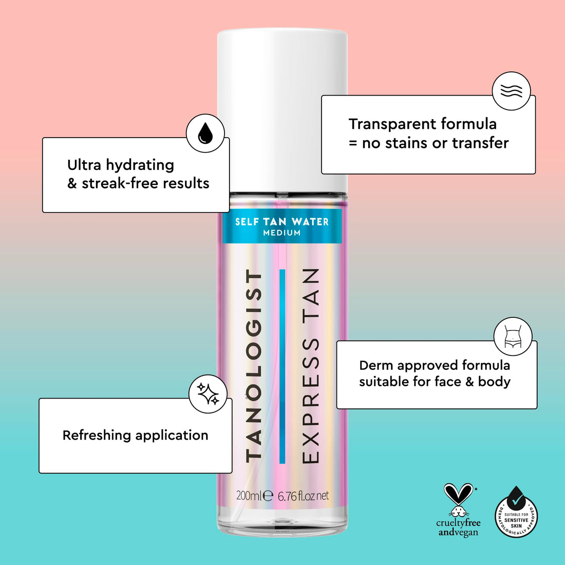 Tanologist Self Tan Water - Hydrating Express Tan, 200ml - Cruelty & Toxin Free - Medium