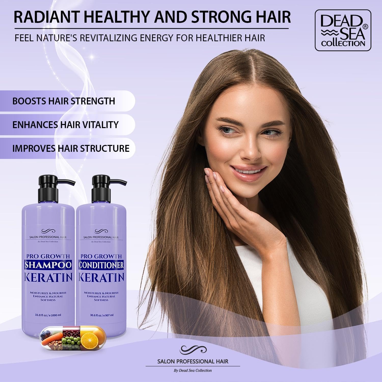 Dead Sea Collection Shampoo and Conditioner Set for Strengthening and Volume - Pure Dead Sea Minerals and Keratin – Hair Care - Nutrition, Repair and Shine - Pack of 2 (33.8 & 30.6 Fl. Oz)